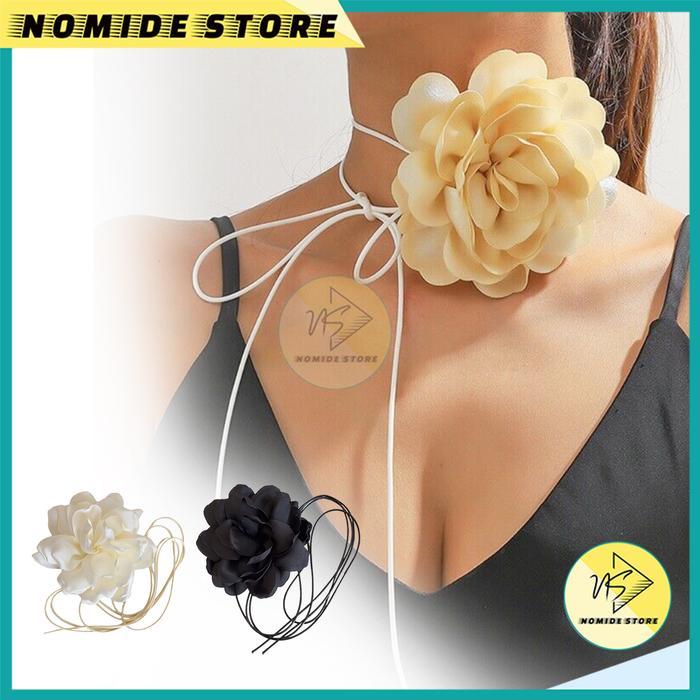 Choker Bunga Kalung Wanita Camelia Mawar Tali Leher Fashion Vintage