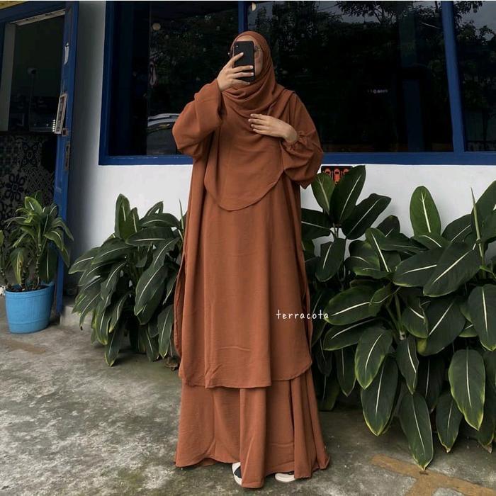 Ufaira Collection ~ One Set Hameda Setelan Wanita Terbaru Tanpa Hijab Bahan Crincle Airflow Polos