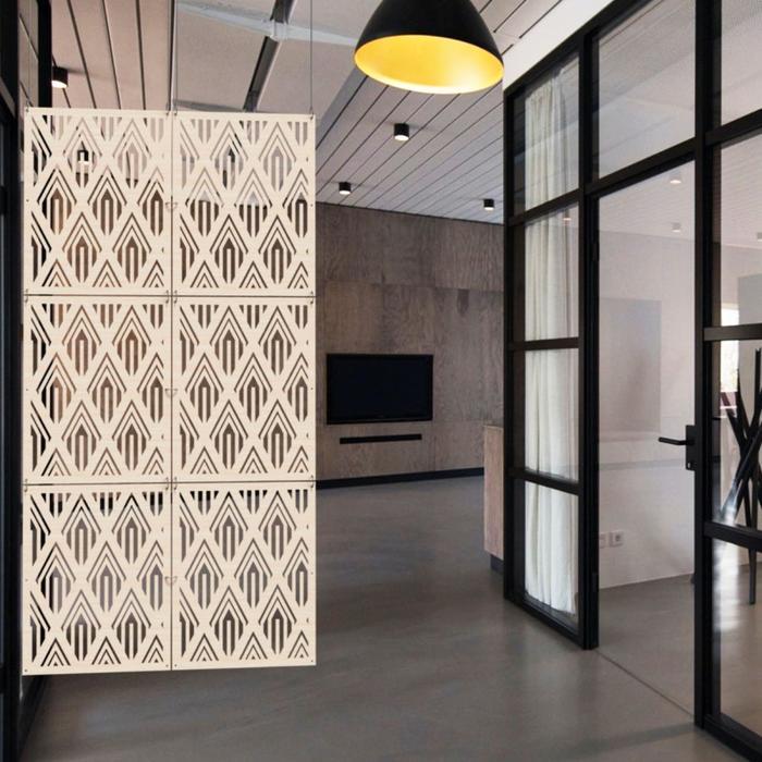 Sekat Pembatas Ruangan Gantung Kayu Partisi Tirai Kayu Laser Cut Aesthetic