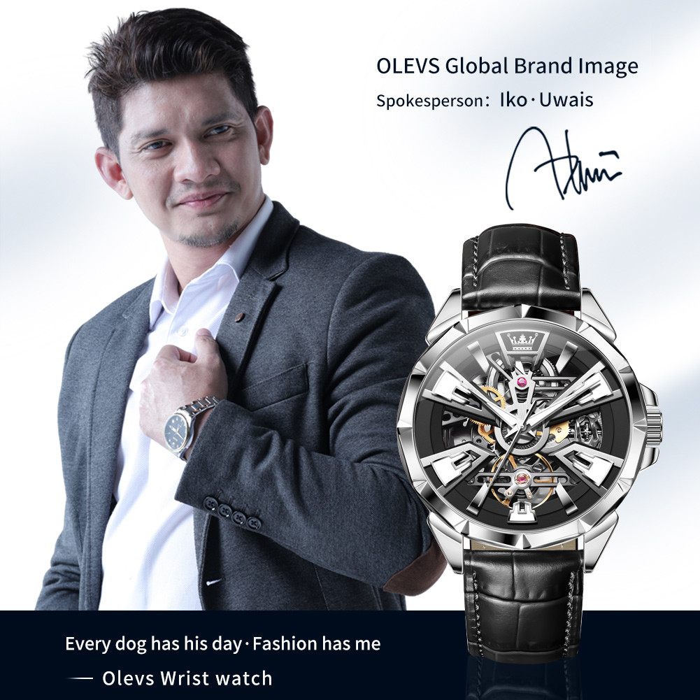 OLEVS 7051 ORIGINAL BRAND MEN'S WATCH CASUAL LEATHER STRAP WATERPROOF AUTOMATIC MECHANICAL WATCH