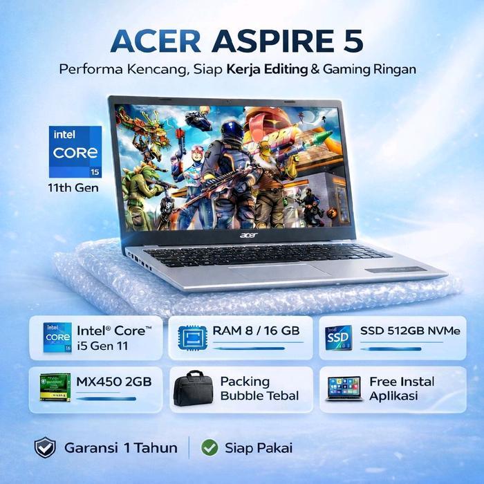Acer Aspire 5 A515-56G i5-1135G7 8Gb 512Gb Nvdia MX450 15,6" FHD Laptop Layar Ram