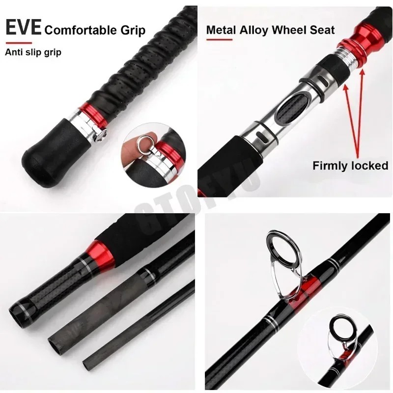 1.8M 2.1M Portable Fishing Rod Travel Surf Saltwater Heavy 3-Piece Carbon Spinning Rod 30-50lb Boat