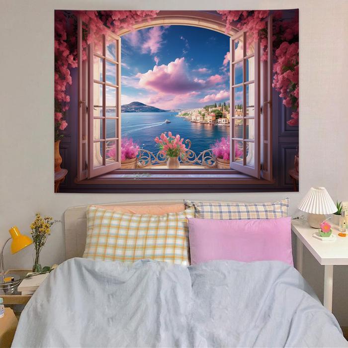 Latar jendela pemandangan kain latar ins gaya segar untuk kamar tidur, kepala tempat tidur, asrama,