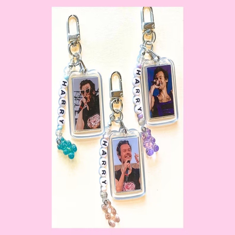 Harry Styles Keychain - Double Sided Photo Frame with Beaded Name Charm One Direction Concert