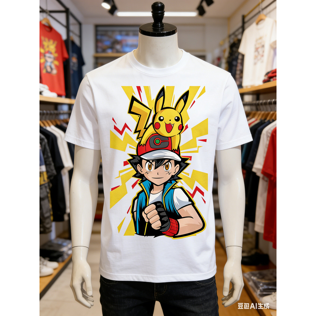 Loose Fit High Quality Cotton Pokemon T Shirt Ash Ketchum With Red Cap And Pikachu On Shoulder