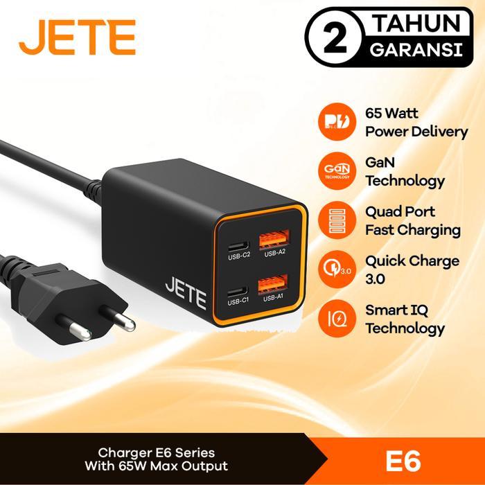 Promo Jete E6 Adapter Fast Charger Gan 65W + 4 Port (Dual Usb & Dual Typec