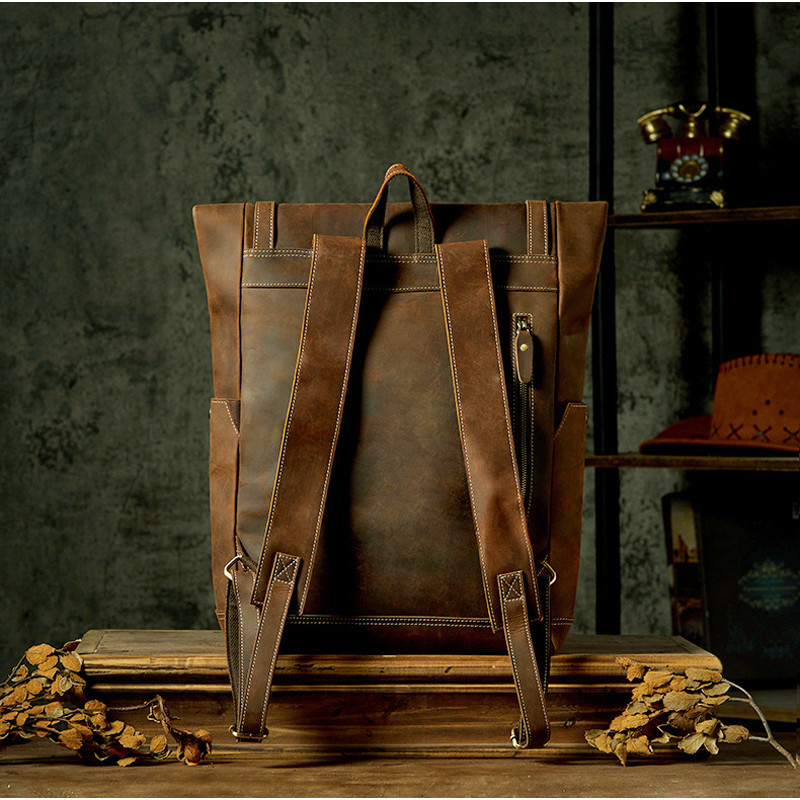 Retro Genuine Leather Men's Backpack Large Hiking Bagpack Bag Crazy Horse Leather Travel Backpack
