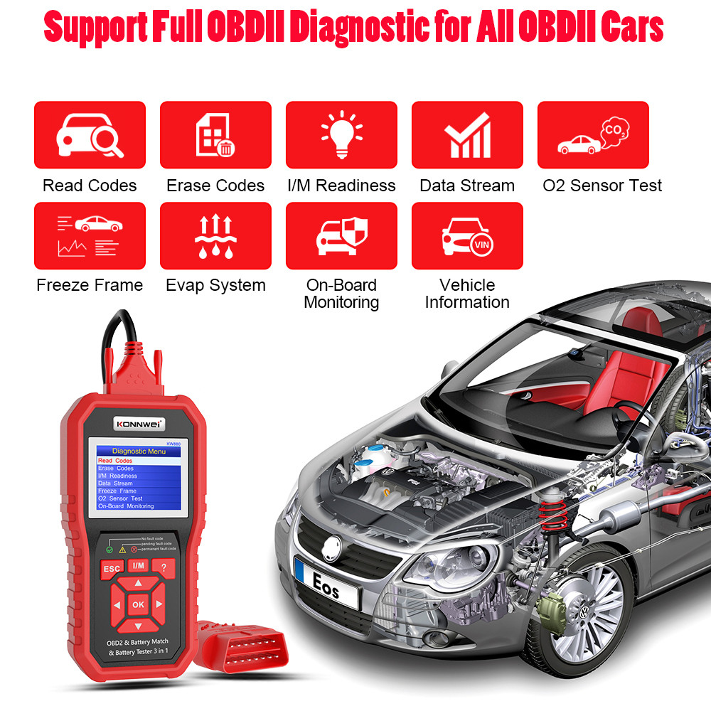 KW880 KONNWEi 12V Car Battery Tester Analizer Auto Diagnostic Tool Battery Match 3 in 1 Car OBD2