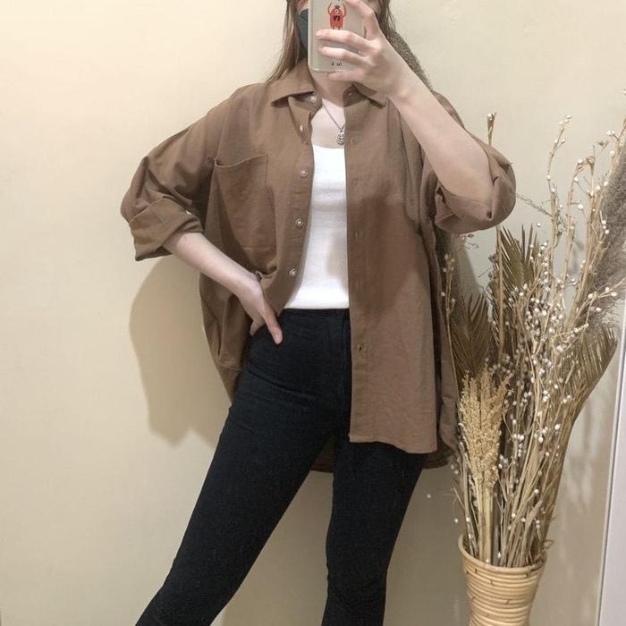 Kemeja Linen Wanita Oversize Long Shirt Olivia Premium Original Putih Polos Baju Katun Panjang