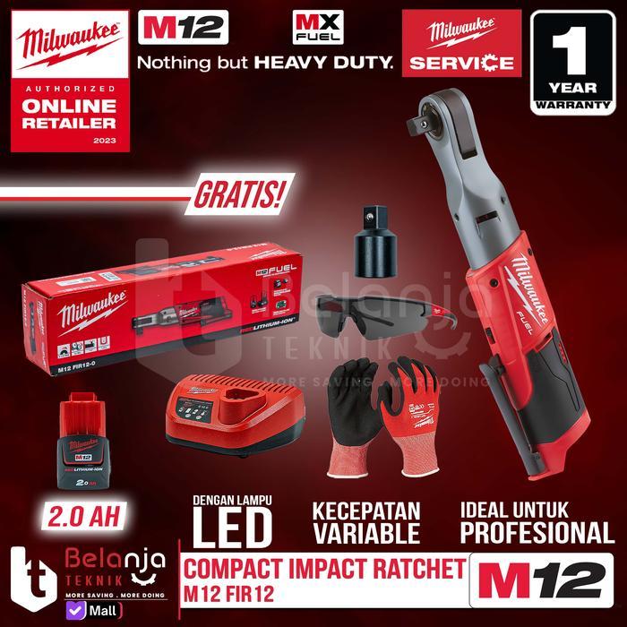 Milwaukee M12 FIR12-202 Kunci Rachet Baterai FIR 12 Cordless Compact Impact Rachet 12V 2.0AH Torsi