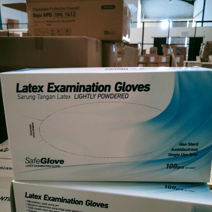 SafeGloves Sarung Tangan Latex Isi 100 Pcs Size XS S M L Bedak Ringan Non Steril Ambidextrous