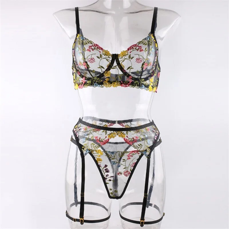 Embroidered Ladies Underwear Set With T-Panties And Stockings Three-Piece Suite Varsbaby Independent