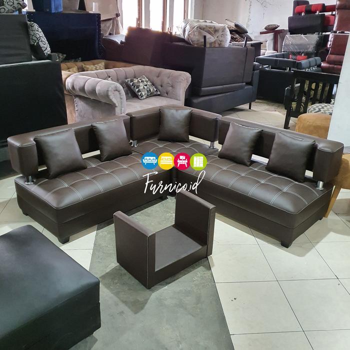 Sofa Minimalis Sudut Set • include meja kaca + bantal • ekonomis - Cokelat