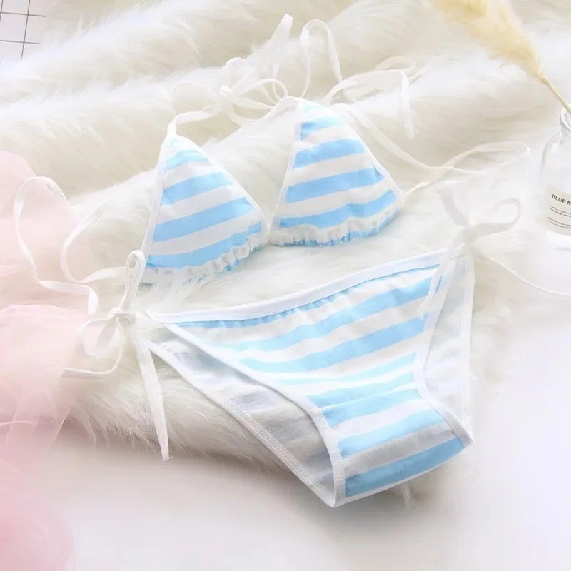 Japan Lingerie Lolita Blue White Striped Bikini Cosplay Women Bra Underwear Set Frenum Swimsuit