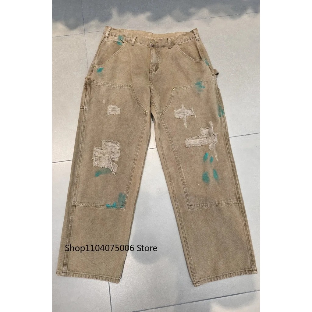 Saint Distressed Cargo Pants Men Loose Retro Washed Splatter Paint Work Pants with Multiple Pockets