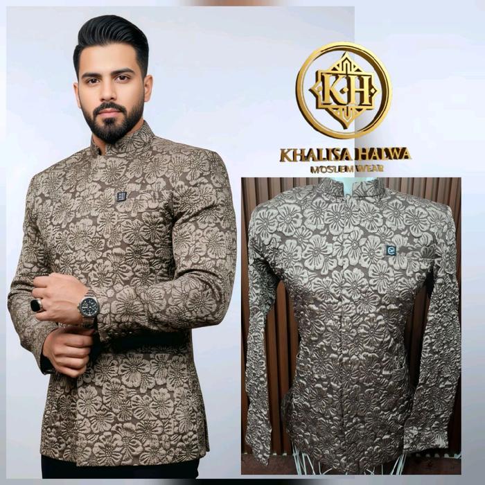Jas Koko Dewasa Futuro embos timbul Pria Formal Lengan panjang coklat Kantong Muslim