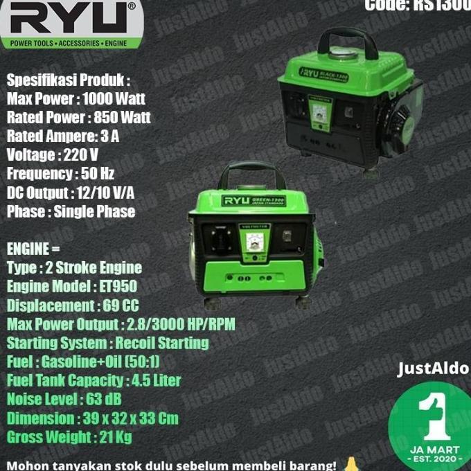 Mesin Genset Rs1300 850 Watt 2 Tak Ryu (Danudjaya)
