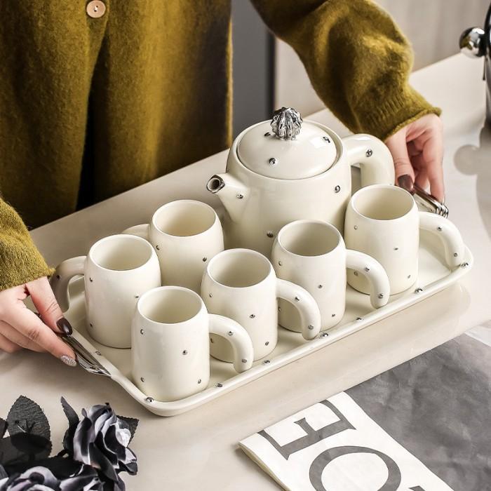 Hampers Cangkir Set Teko Gift Box Hadiah / Teko + Cangkir Set Keramik Model Cactus - Putih