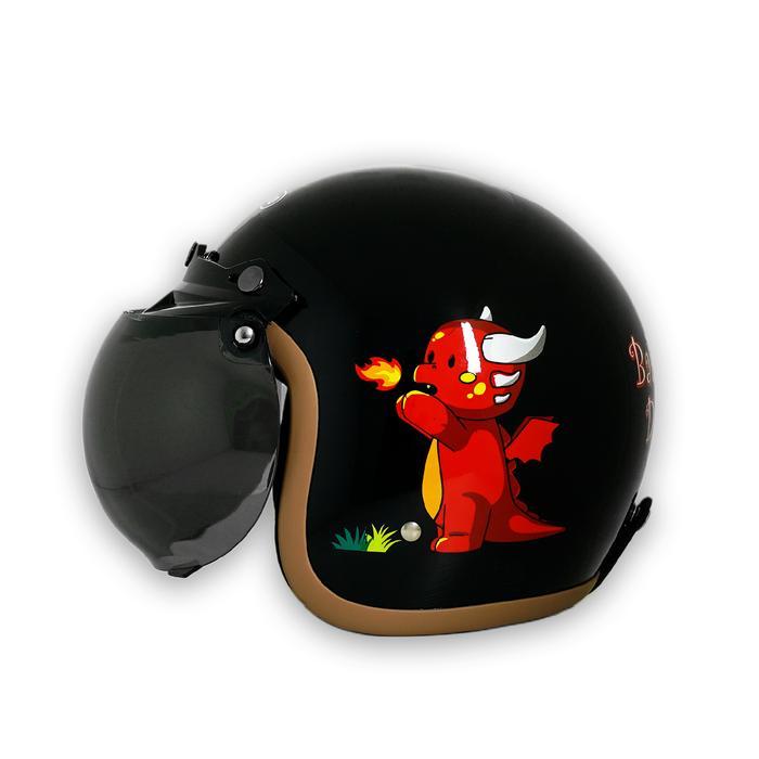 TERLARIS Marzano Helm Anak Retro Bogo Half Face Kids Series Ba Dragon Black Glossy Size S-XL