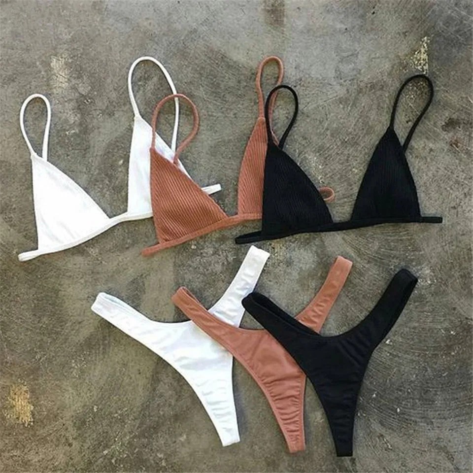 Sexy Pure Color Stripe Tie Dye Three-Point Bikini Briefs Swimwear Trendy Strapless Women's Swimsuit