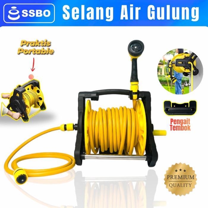 1 Set Selang Air Gulung Fleksibel 14 - 25 Meter Semprotan Air Kran 7 Multifungsi untuk Menyiram