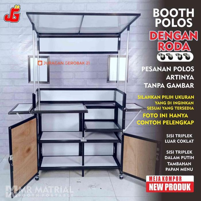 Booth Portable Komplit Kompor Tulang Hitam Gerobak Jualan Meja lipat - Polos + Roda, Small 90x50