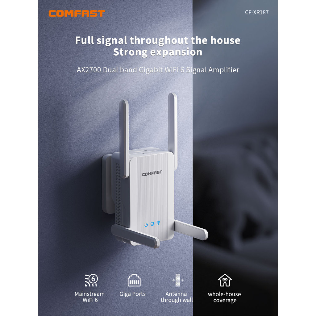 Baru COMFAST 2700Mbps WiFi 6 Wifi Repeater dual band 2.4GHz/5.8GHz 4 high-gain antennas signal exten