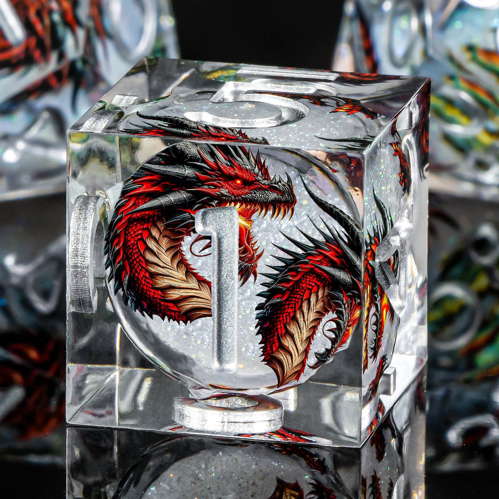 Dragon Pattern Liquid Core DnD Dice, Sharp Edge D&D Dice, Resin Dungeon and Dragon Role Playing Game