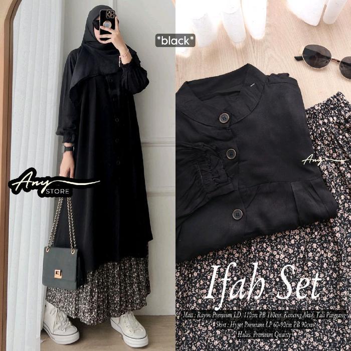 Ifah One Set Tunik Dan Rok By A.N.Y Store Long Tunik Rayon Rok Plisket Motif Bunga Skirt Plisket
