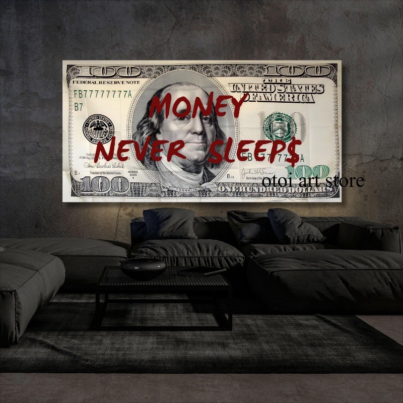 Money Never Sleeps Inspirational 100 Bill Dollar art poster canvas painting Wall Prints Picture