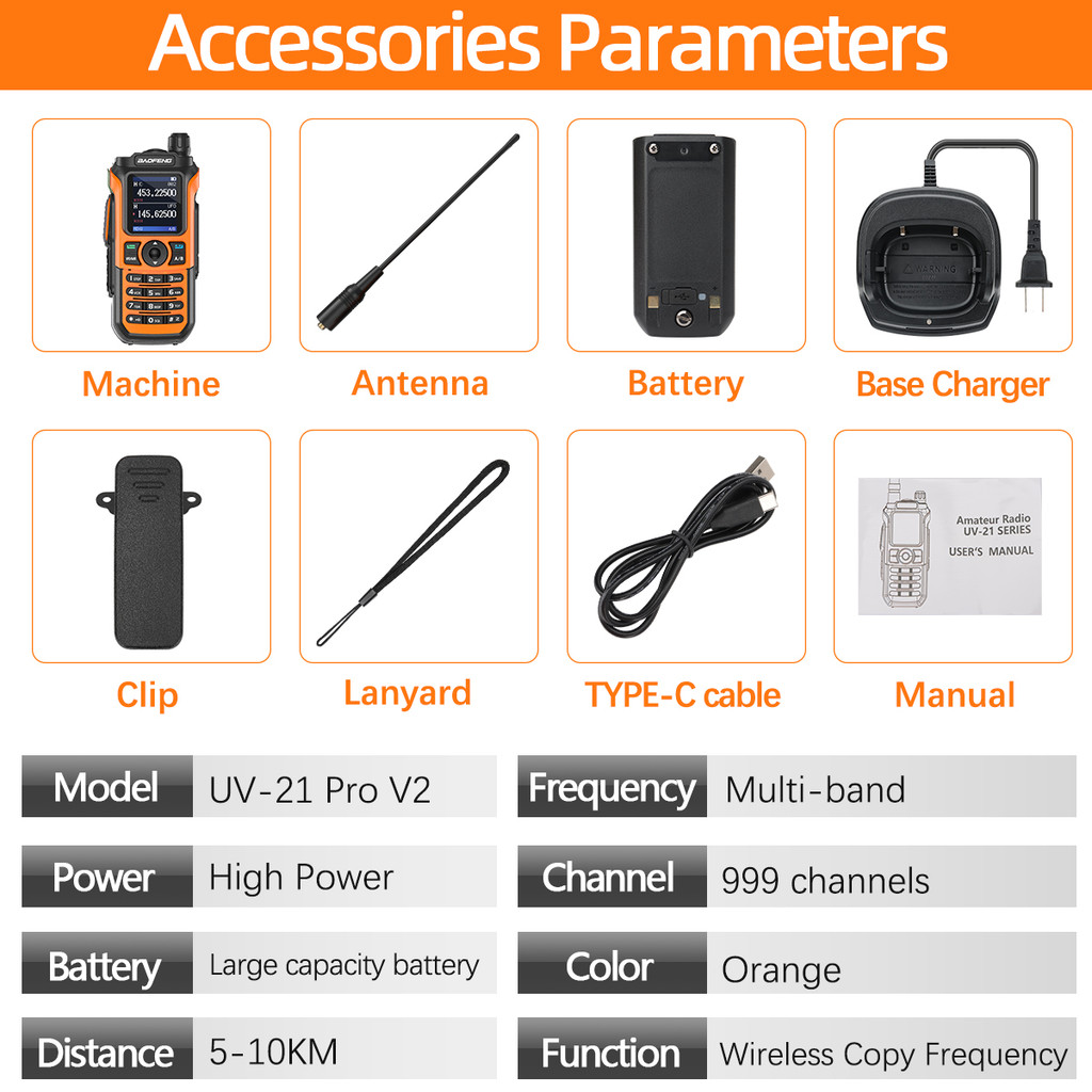 Baofeng UV-21 PRO Long Range Walkie Talkies V2 Multi-band Portable Rechargeable Radio Type-C