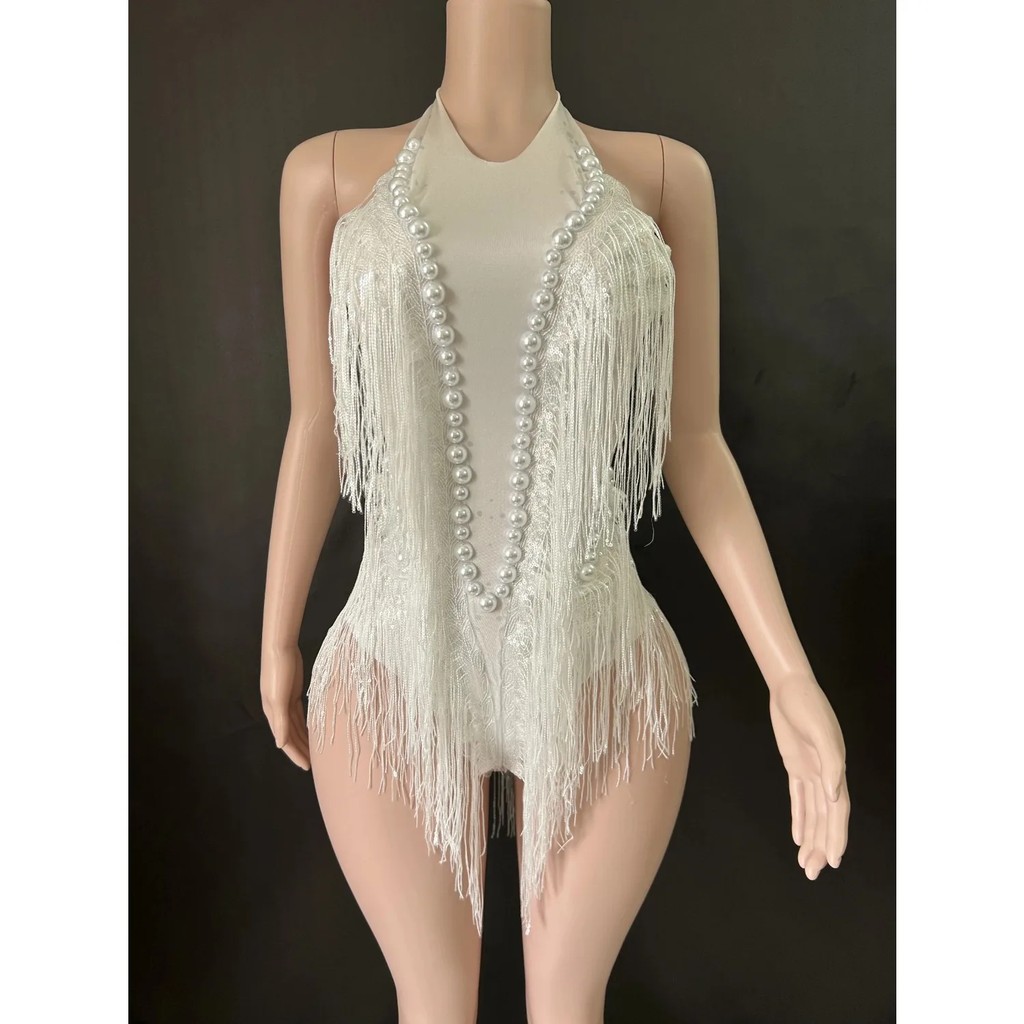 Sparkly Rhinestones Sequins Fringes Leotard Sexy Tassel Bodysuit One-piece Dance Costume Dancer