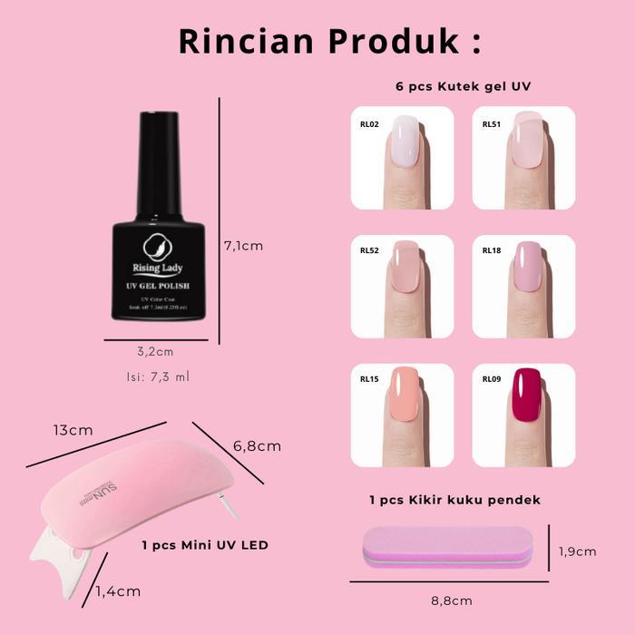 PAKET RISING LADY KUTEK 6 WARNA PINK SERIES / PAKET KUTEK WARNA PINK MERAH MUDA SOFT LUCU FREE UV