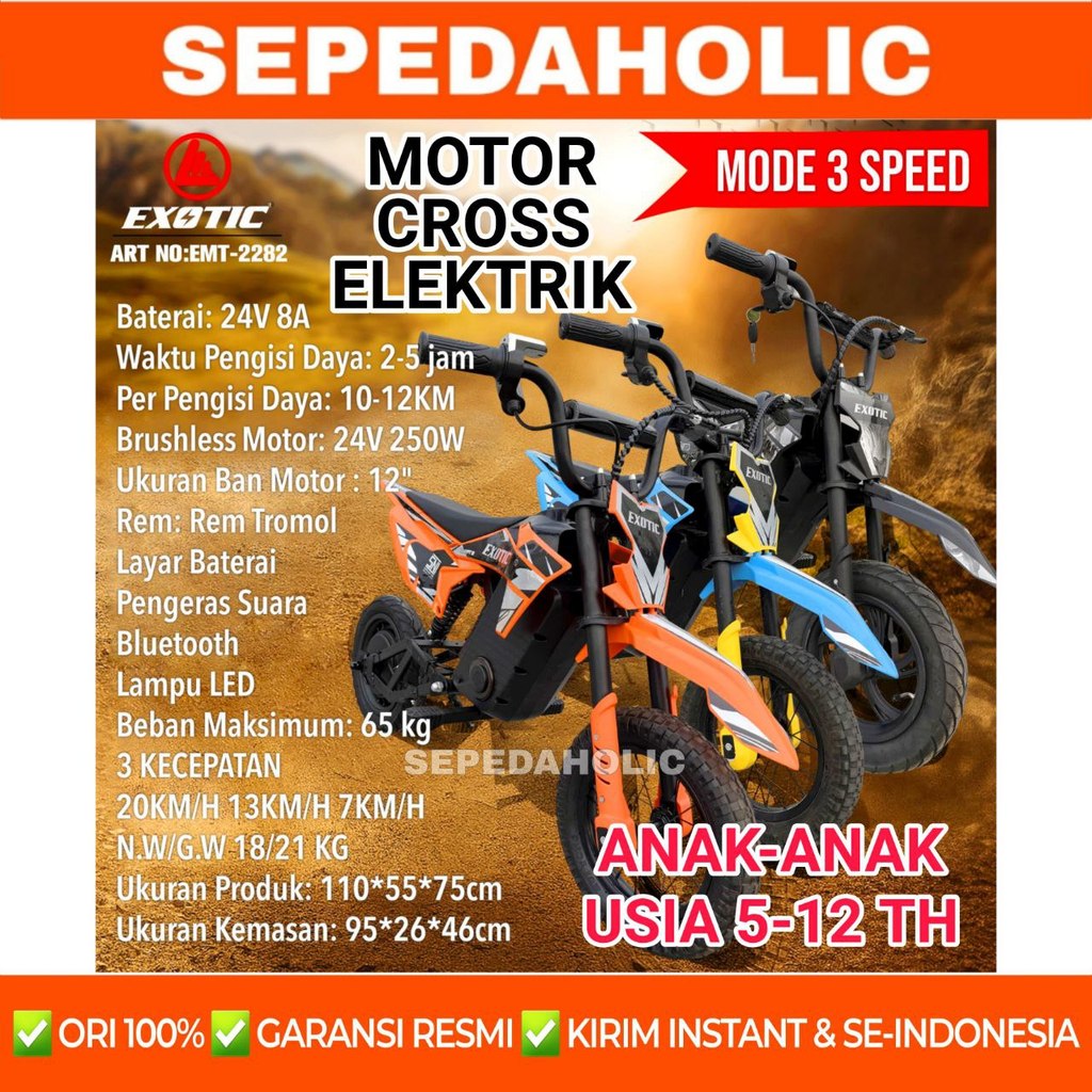 Motor Electric Mini Trail Anak EXOTIC EMT 2282 Ukuran 12 Inch Gas Listrik Cross Minimoto Motocross