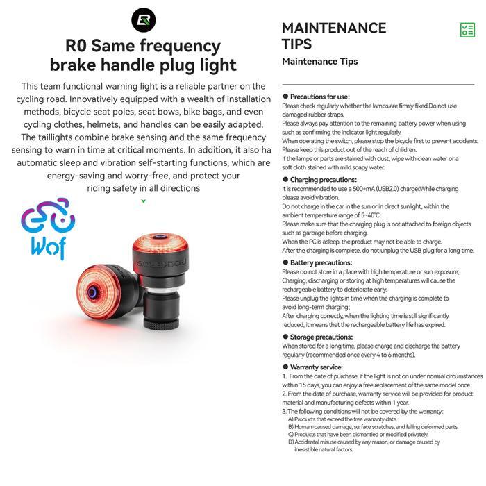 ROCKBROS R0 Bar End Lampu Pintar 2pcs Stang Sepeda Balap LED IPX6 Tahan Air Sensor Rem Handlebar End