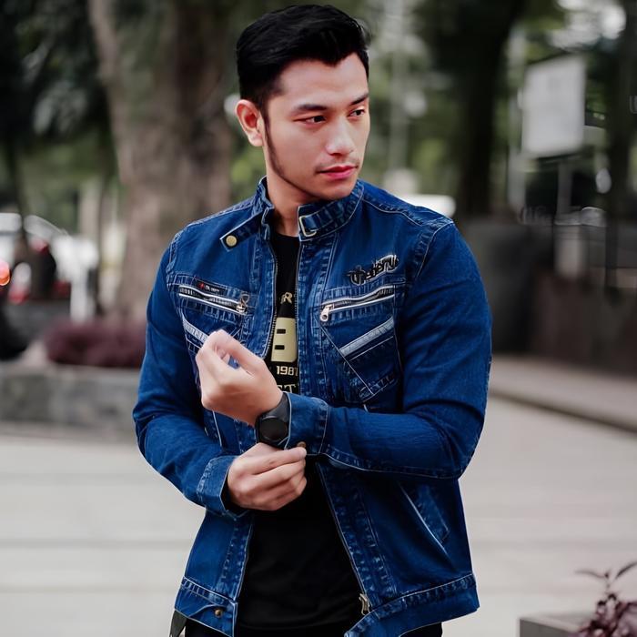 Jaket Jeans Resleting Pria Wanita Panjang Distro Formal Casual Denim Slim Fit Hitam Original