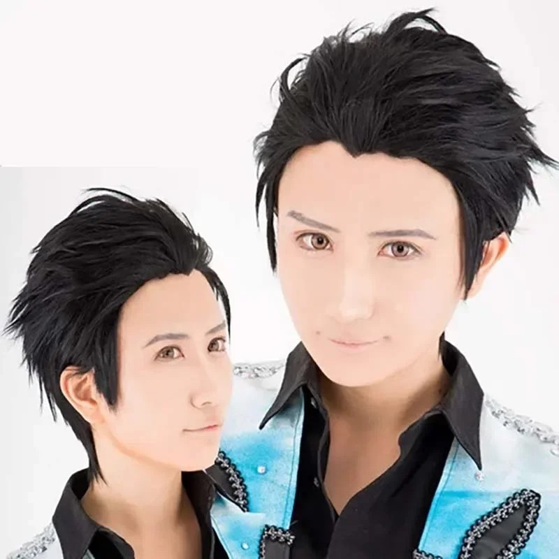 Anime Yuri On Ice Katsuki Yuri Short Black Slicked Back Heat Resistant Cosplay Costume Wig