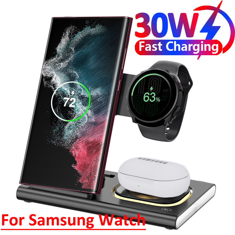 30W 3 in 1 LED Foldable Wireless Charger Stand For Samsung S24 S23 S22 Watch 6 5 4 Active 1 2 Galaxy