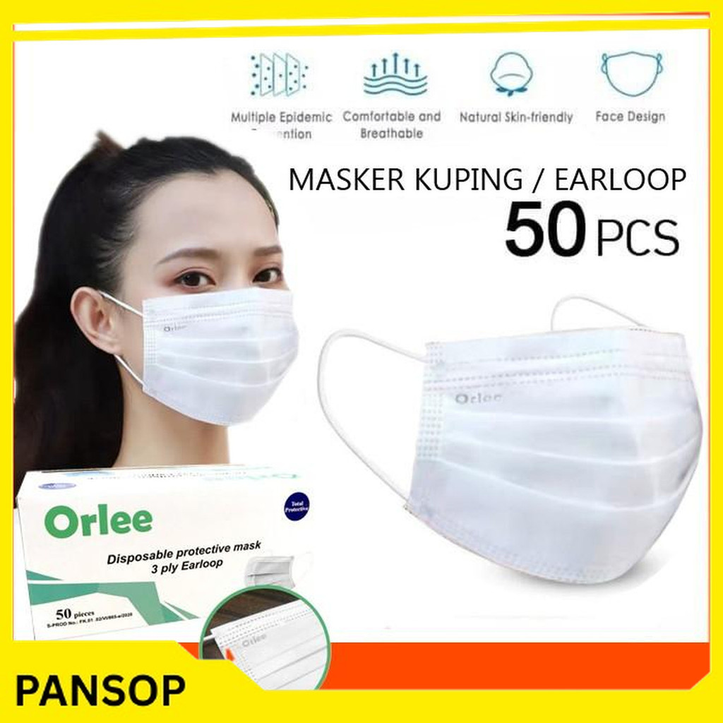 masker 3 ply putih white orlee medis 3ply earloop isi 50pcs masker putih free ongkir