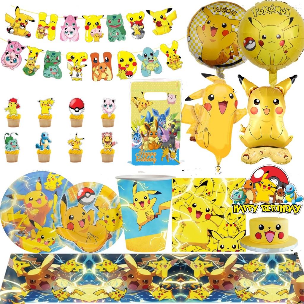 Pokemon Party Decorations Set Pikachu Tableware Pokemon Party Napkins Tablecloth Plate Cup Balloons