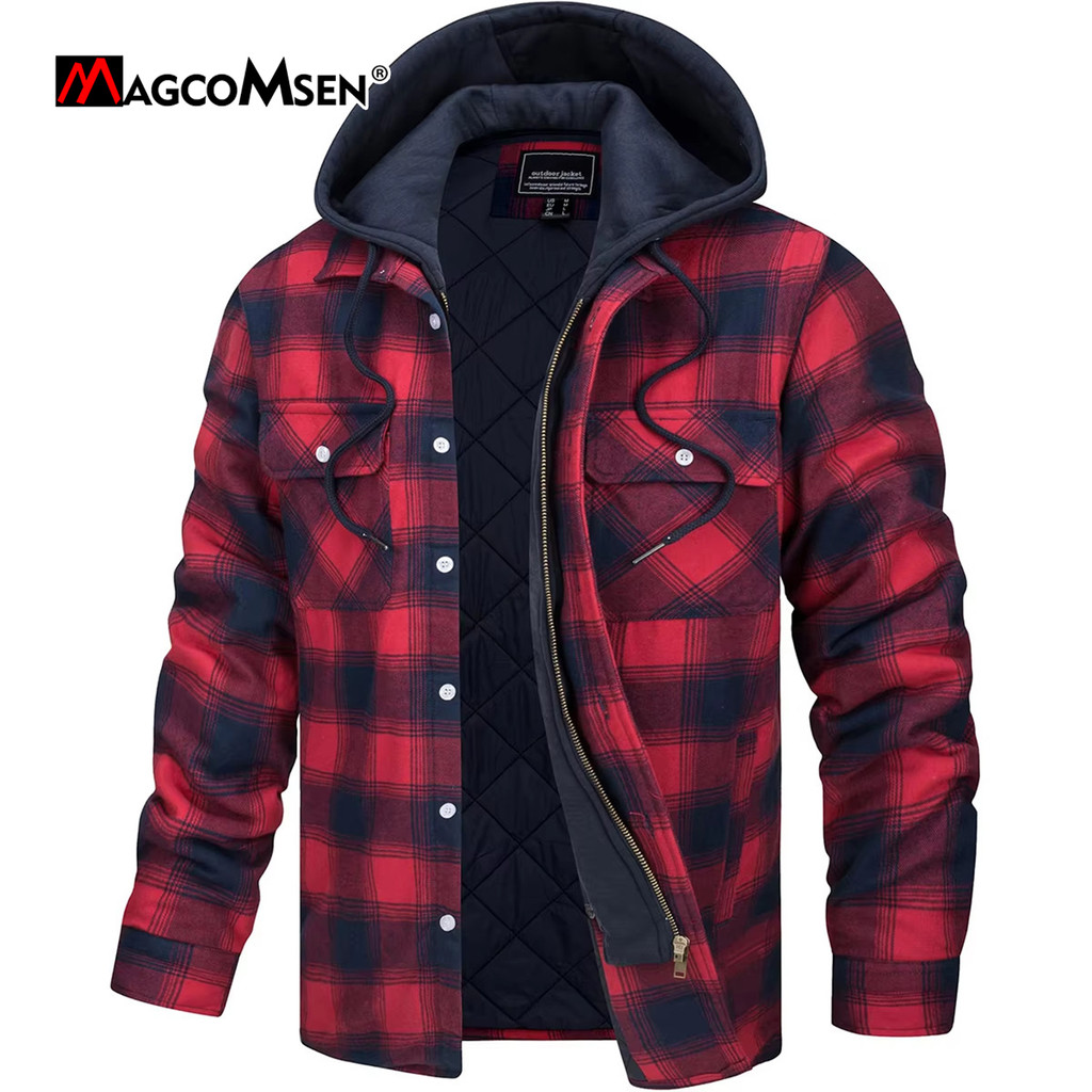 Magcomsen Men'S Flannel Jacket With Removable Hood 5 Pockets Plaid Quilted D Winter Coats Thick