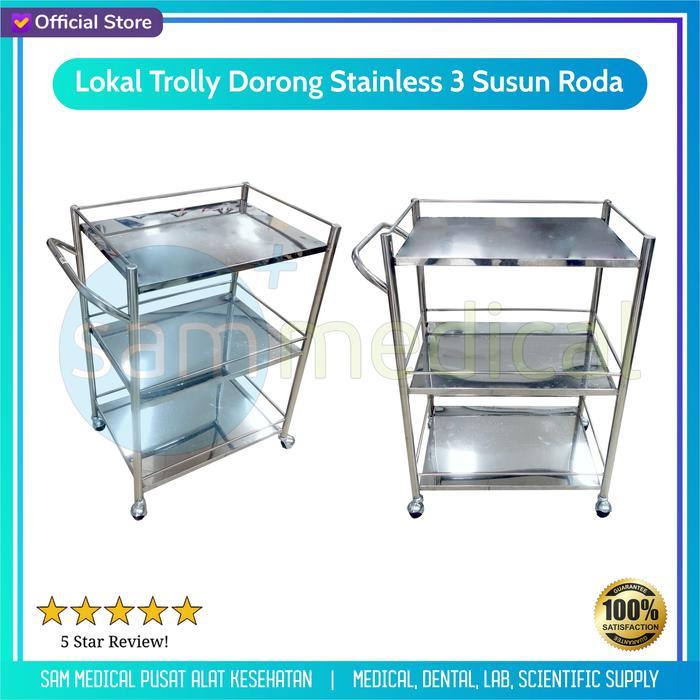 Ready Lokal Trolly Dorong / Meja Instrumen Stainless 3 Susun Roda