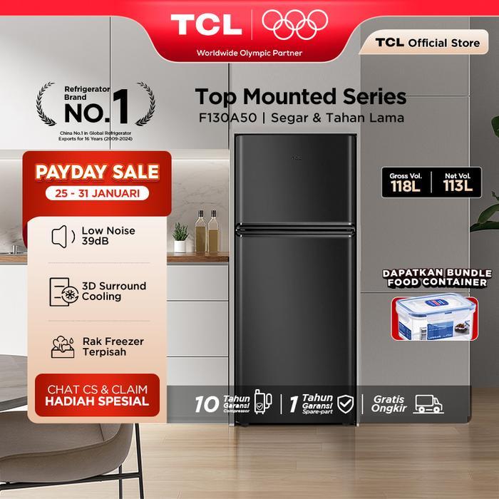 TCL Kulkas 2 Pintu (F130-A50) - Kapasitas 118L - Rak Freezer Terpisah - 3D Surround Cooling - Adjust