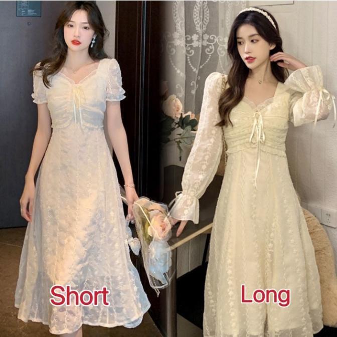 DRESS MIDI CREAM WANITA LENGAN PENDEK DAN LENGAN PANJANG KONDANGAN BRUKAT GAUN PESTA MEWAH CASUAL