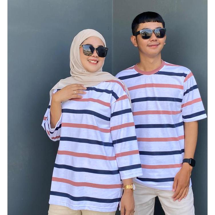 ASLI Baju Couple Pasangan Setrip Garis Kecil Warna Chaerry Kaos Salur Pasangan Trending Gaya Manis