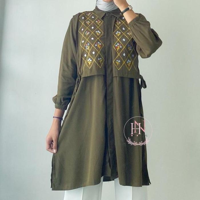 Best Seller Savia Tunik Panjang Kancing Variasi Bordir Rayon Twill Motif Rompi Tunik Wanita Muslim