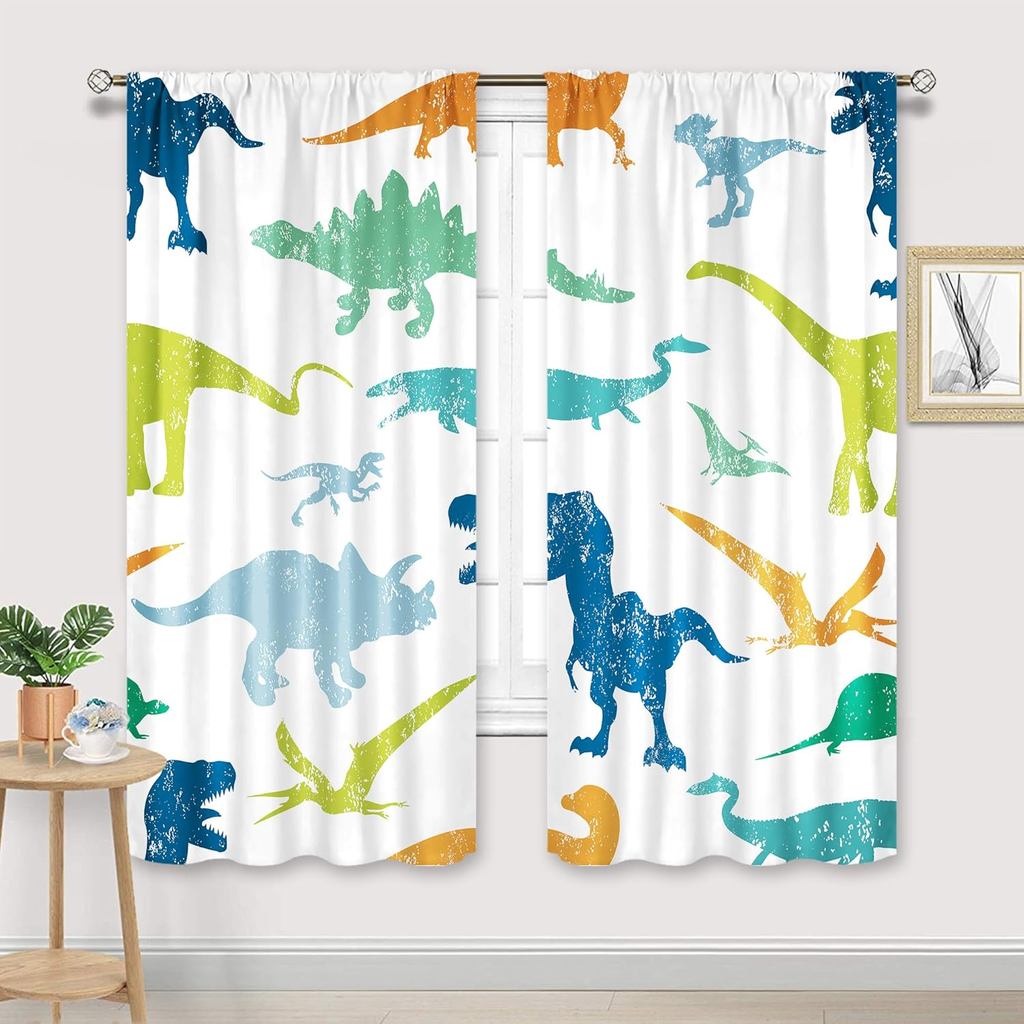 Kids Dinosaur Curtains Rod Pocket Cartoon Dino Baby Boys Bedroom Decor Cute Funny Safari Animal