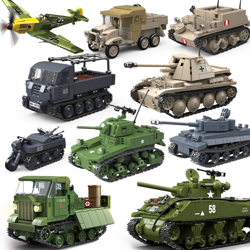 Military Tanks Tiger PanzerVI Sherman T34 US Army Quan Guan WW2 War Soldier Figure Model Building