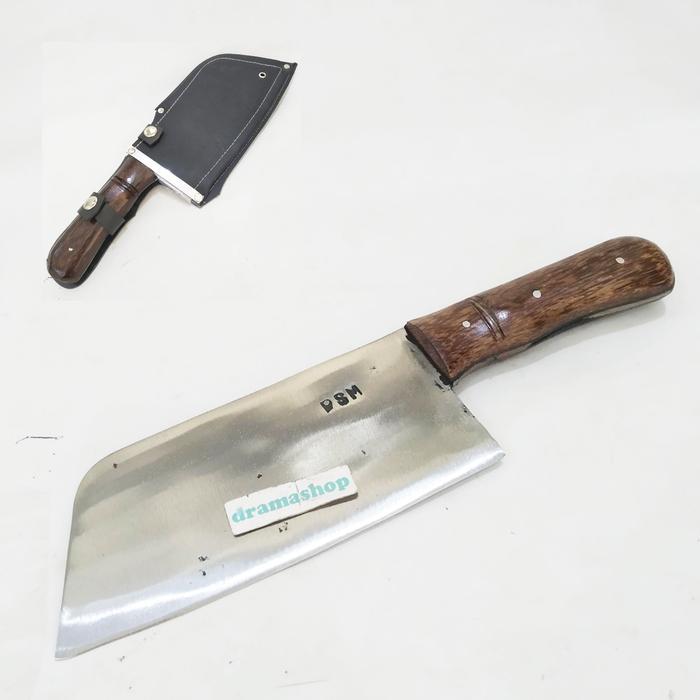 Pisau Golok Cincang Ayam Ikan Tempa Gagang Tembus Bersarung