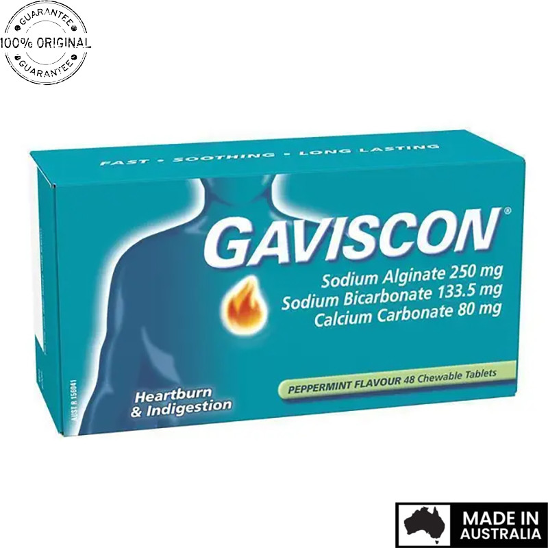 Aussie Original Gaviscon Chewable Tablets Peppermint Heartburn & Indigestion Relief 48 Pack